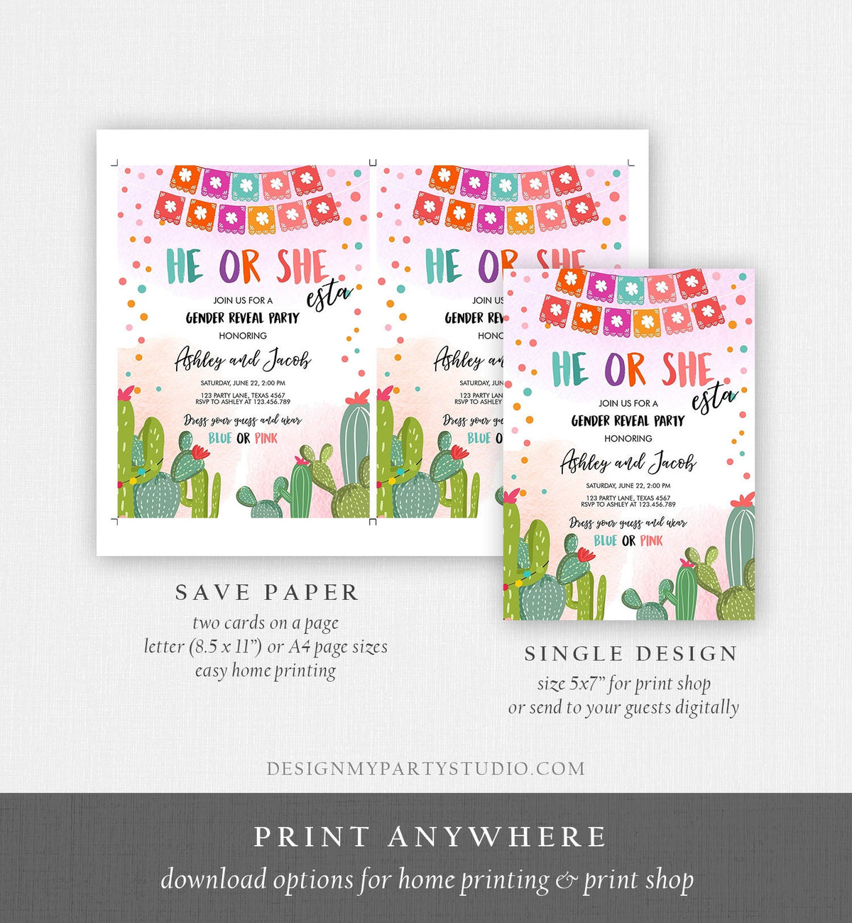 Editable Fiesta Gender Reveal Invitation He or She Boy or Girl Cactus Mexican She-esta Cactus Blue Pink Digital Template Printable 0135