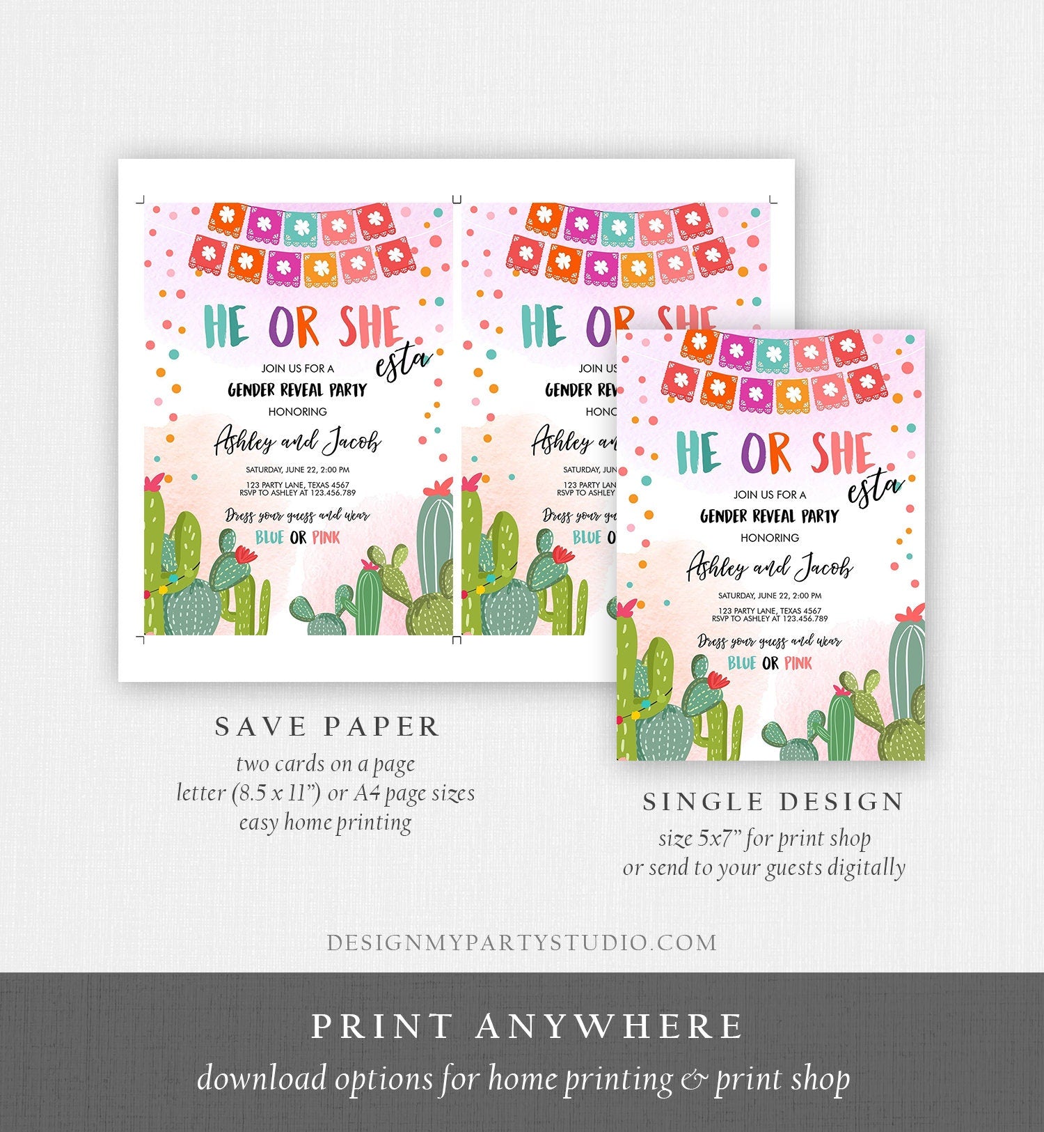 Editable Fiesta Gender Reveal Invitation He or She Boy or Girl Cactus Mexican She-esta Cactus Blue Pink Digital Template Printable 0135