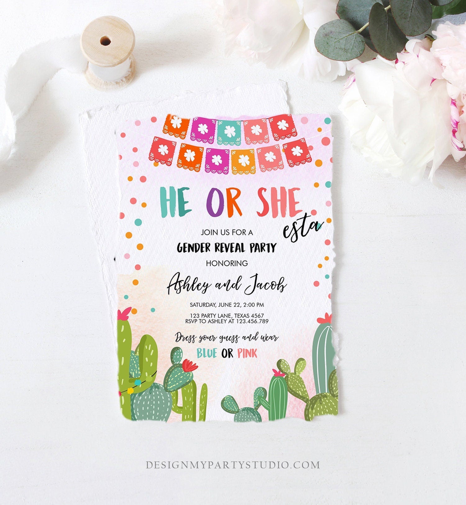 Editable Fiesta Gender Reveal Invitation He or She Boy or Girl Cactus Mexican She-esta Cactus Blue Pink Digital Template Printable 0135