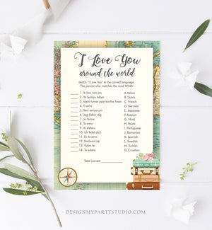 Editable I Love You Around the World Bridal Shower Game Travel Wedding Shower Activity Vintage Map Suitcases Corjl Template Printable 0044