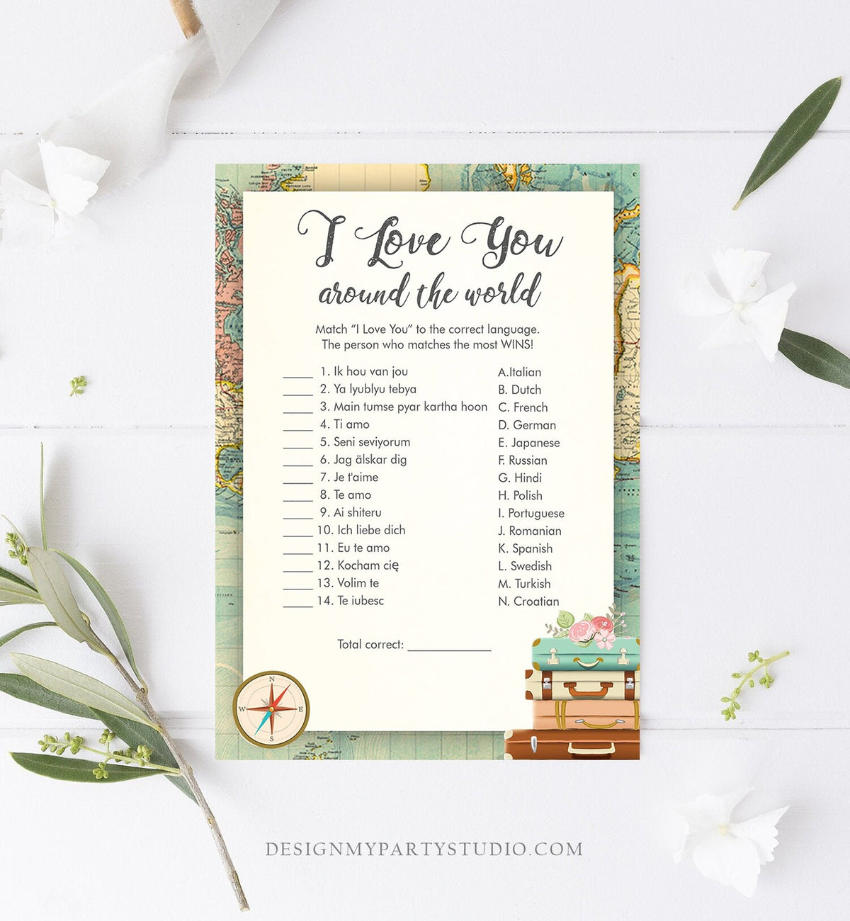 Editable I Love You Around the World Bridal Shower Game Travel Wedding Shower Activity Vintage Map Suitcases Corjl Template Printable 0044