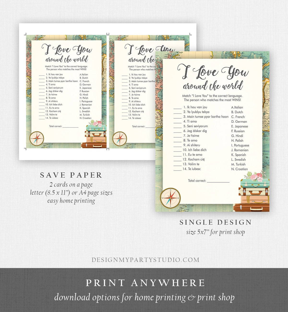 Editable I Love You Around the World Bridal Shower Game Travel Wedding Shower Activity Vintage Map Suitcases Corjl Template Printable 0044