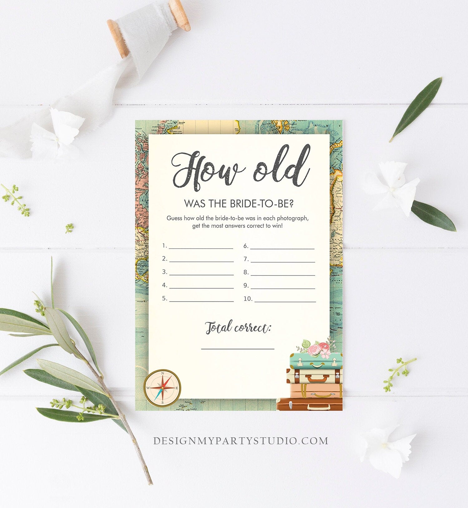 Editable How Old Was The Bride to Be Bridal Shower Game Travel Wedding Shower Activity Vintage Map Party Corjl Template Printable 0044