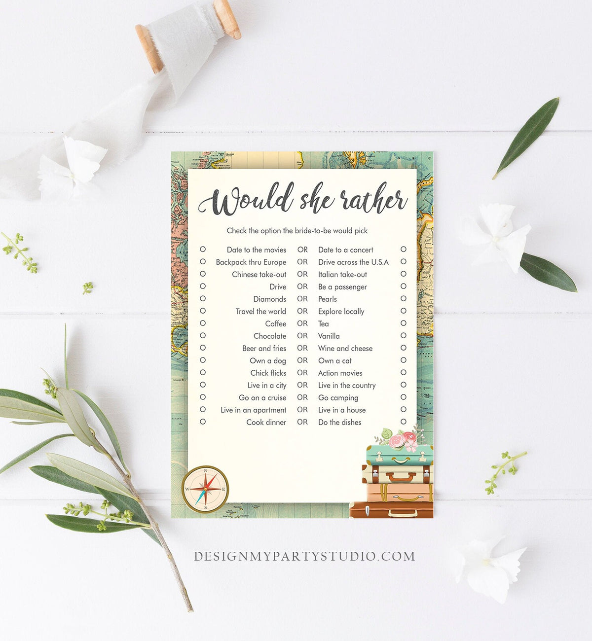 Editable Would She Rather Bridal Shower Game Travel Would the Bride Wedding Shower Activity Vintage Map Party Corjl Template Printable 0044