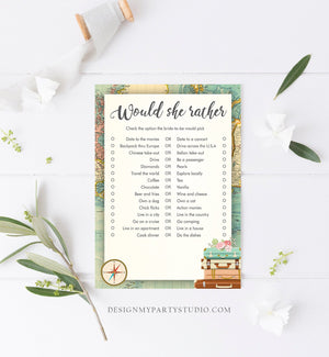 Editable Would She Rather Bridal Shower Game Travel Would the Bride Wedding Shower Activity Vintage Map Party Corjl Template Printable 0044