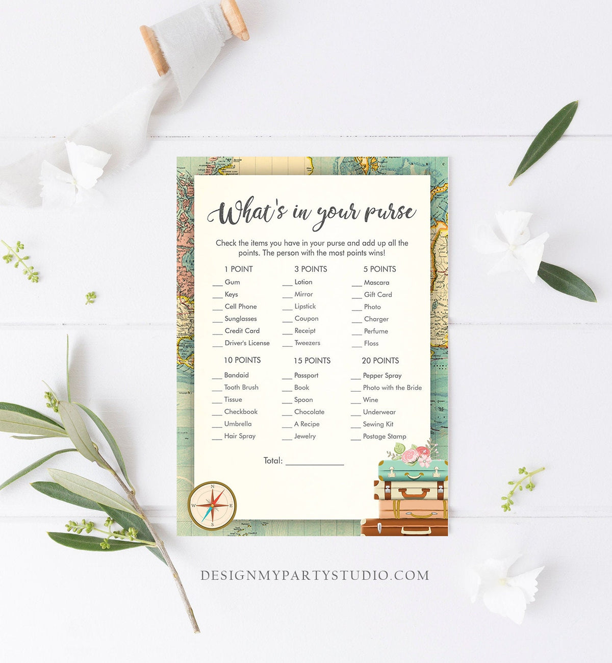 Editable What&#39;s in Your Purse Travel Bridal Shower Game Wedding Shower Activity Whats Purse Vintage Map Digital Template Printable 0044
