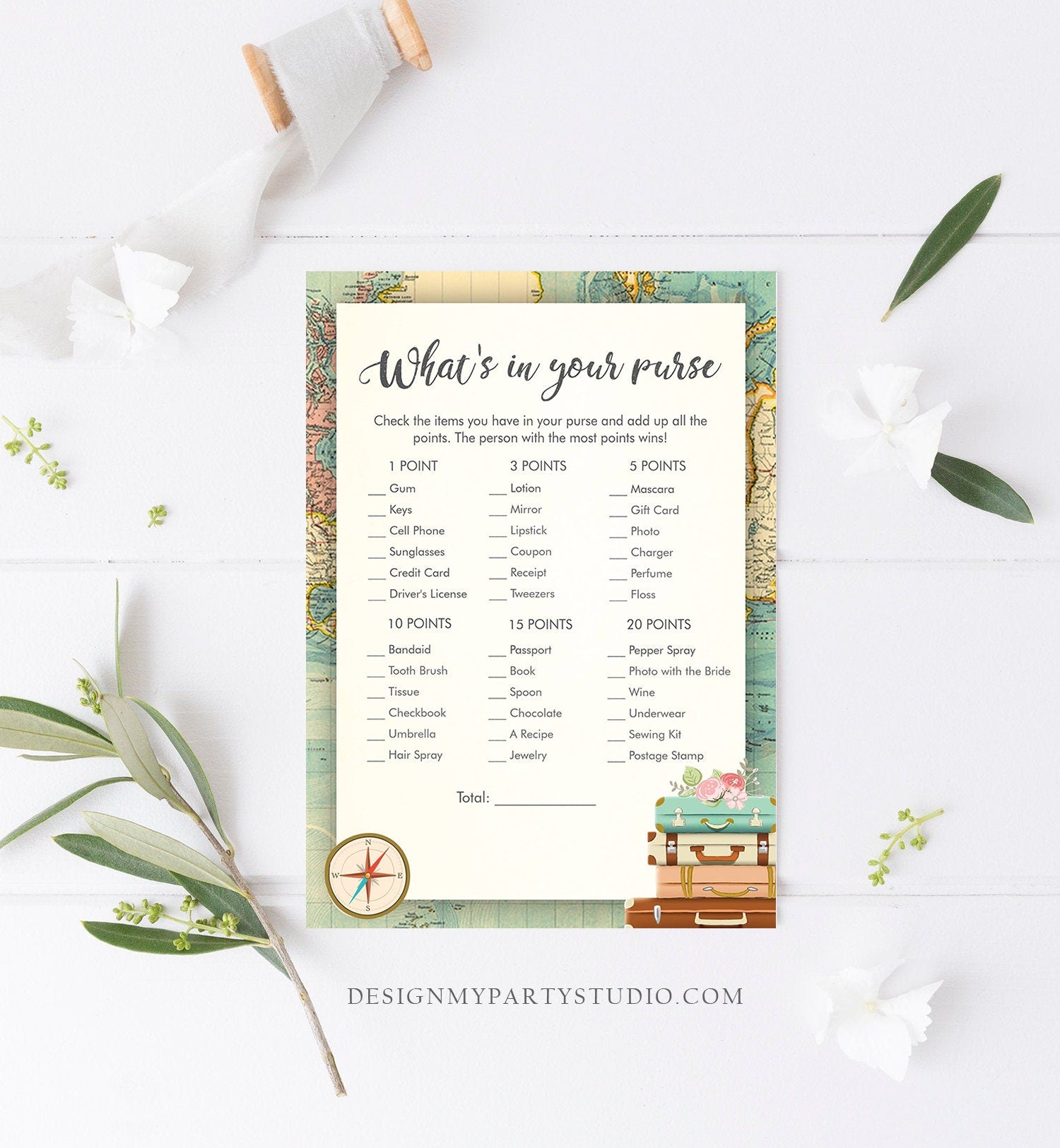 Editable What's in Your Purse Travel Bridal Shower Game Wedding Shower Activity Whats Purse Vintage Map Digital Template Printable 0044