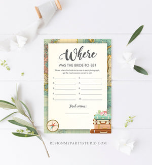 Editable Where Was the Bride-To-Be Bridal Shower Game Travel Where Was She Wedding Shower Activity Vintage Map Corjl Template Printable 0044