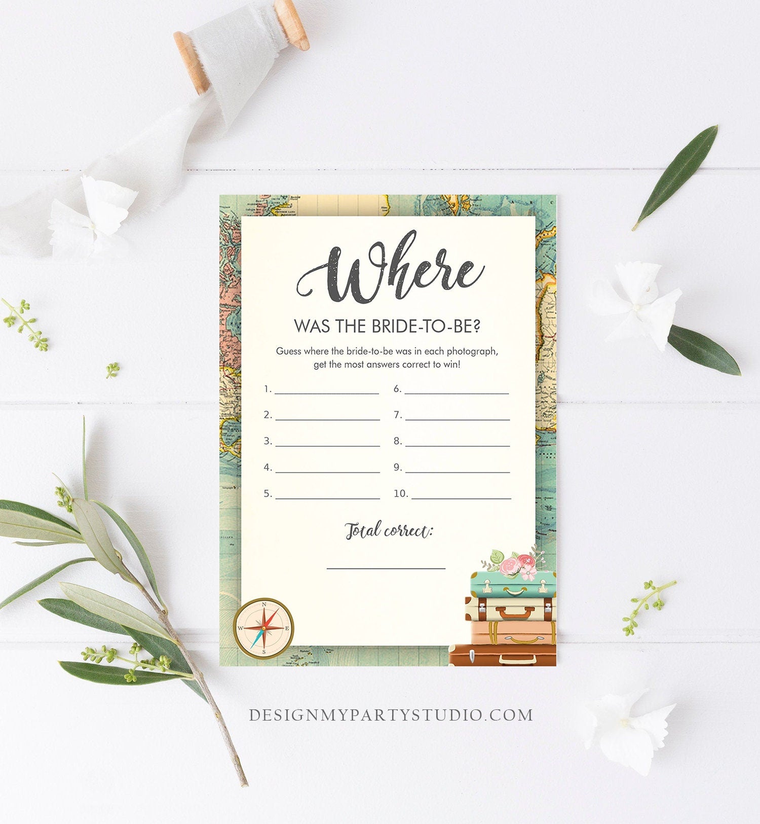 Editable Where Was the Bride-To-Be Bridal Shower Game Travel Where Was She Wedding Shower Activity Vintage Map Corjl Template Printable 0044