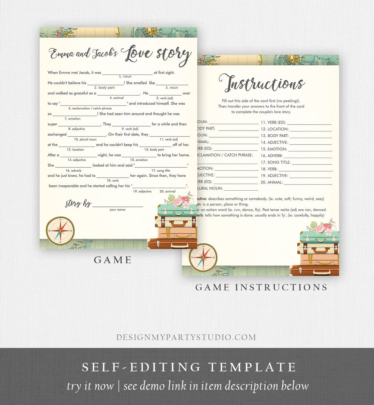 Editable Love Story Bridal Shower Game Travel Funny Game Wedding Shower Activity Suitcases Vintage Map Party Digital Template Printable 0044