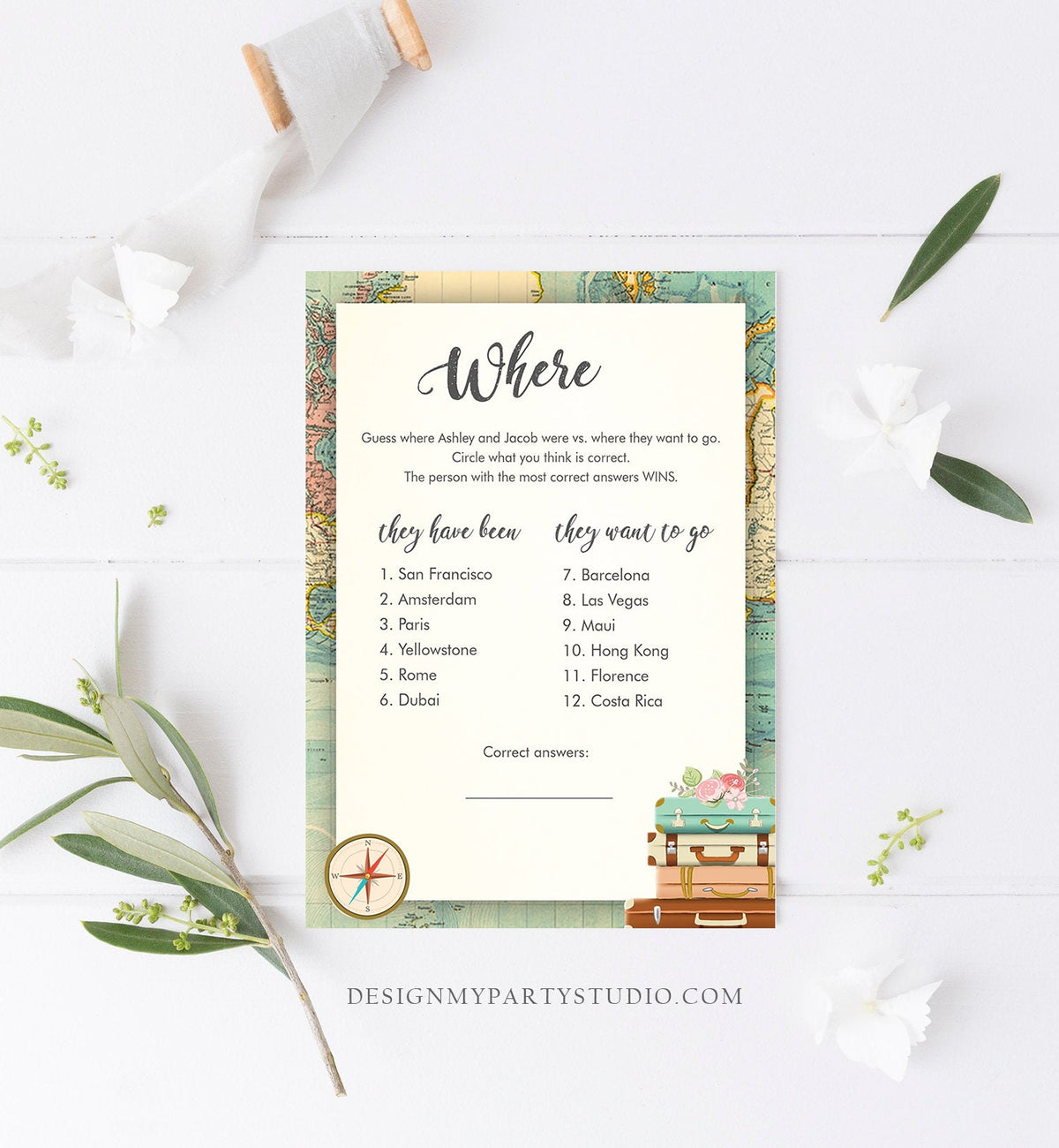 Editable Where Were They Bridal Shower Game Travel Bride Groom Wedding Shower Activity Vintage Map Party Corjl Template Printable 0044