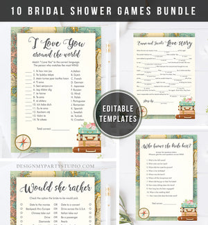 Editable Bridal Shower Games Bundle Travel Wedding Shower Activity Games Suitcases Adventure Rustic Travel Vintage Map Corjl Template 0044