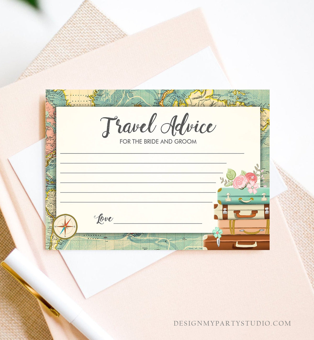 Editable Advice for the Bride-to-Be Card Bridal Shower Travel Words of Wisdom Advice for Bride Game Adventure Suitcases Corjl Template 0044