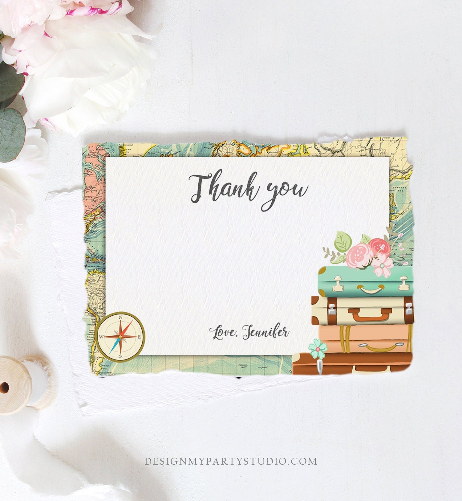 Editable Travel Thank You Card Bridal Shower Note Adventure Birthday Baby Shower Suitcases Vintage World Map Digital Template Printable 0044