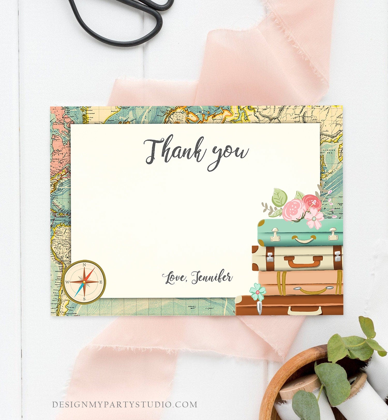 Editable Travel Thank You Card Bridal Shower Note Adventure Birthday Baby Shower Suitcases Vintage World Map Digital Template Printable 0044