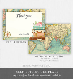 Editable Travel Thank You Card Bridal Shower Thank You Note Adventure Birthday Baby Shower Suitcases Vintage World Map Corjl Template 0044