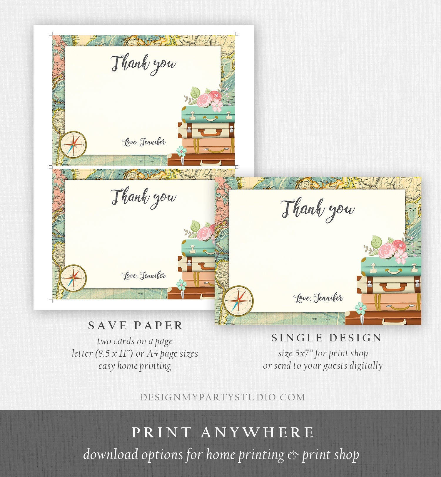 Editable Travel Thank You Card Bridal Shower Note Adventure Birthday Baby Shower Suitcases Vintage World Map Digital Template Printable 0044