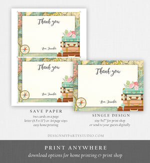 Editable Travel Thank You Card Bridal Shower Thank You Note Adventure Birthday Baby Shower Suitcases Vintage World Map Corjl Template 0044