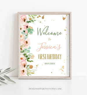 Editable Floral Welcome Sign First Birthday Little Miss Onederful Peach Pink Gold Peonies Baby Shower 16x20 24x36 Corjl Template 0147