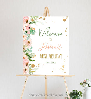 Editable Floral Welcome Sign First Birthday Little Miss Onederful Peach Pink Gold Peonies Baby Shower 16x20 24x36 Corjl Template 0147