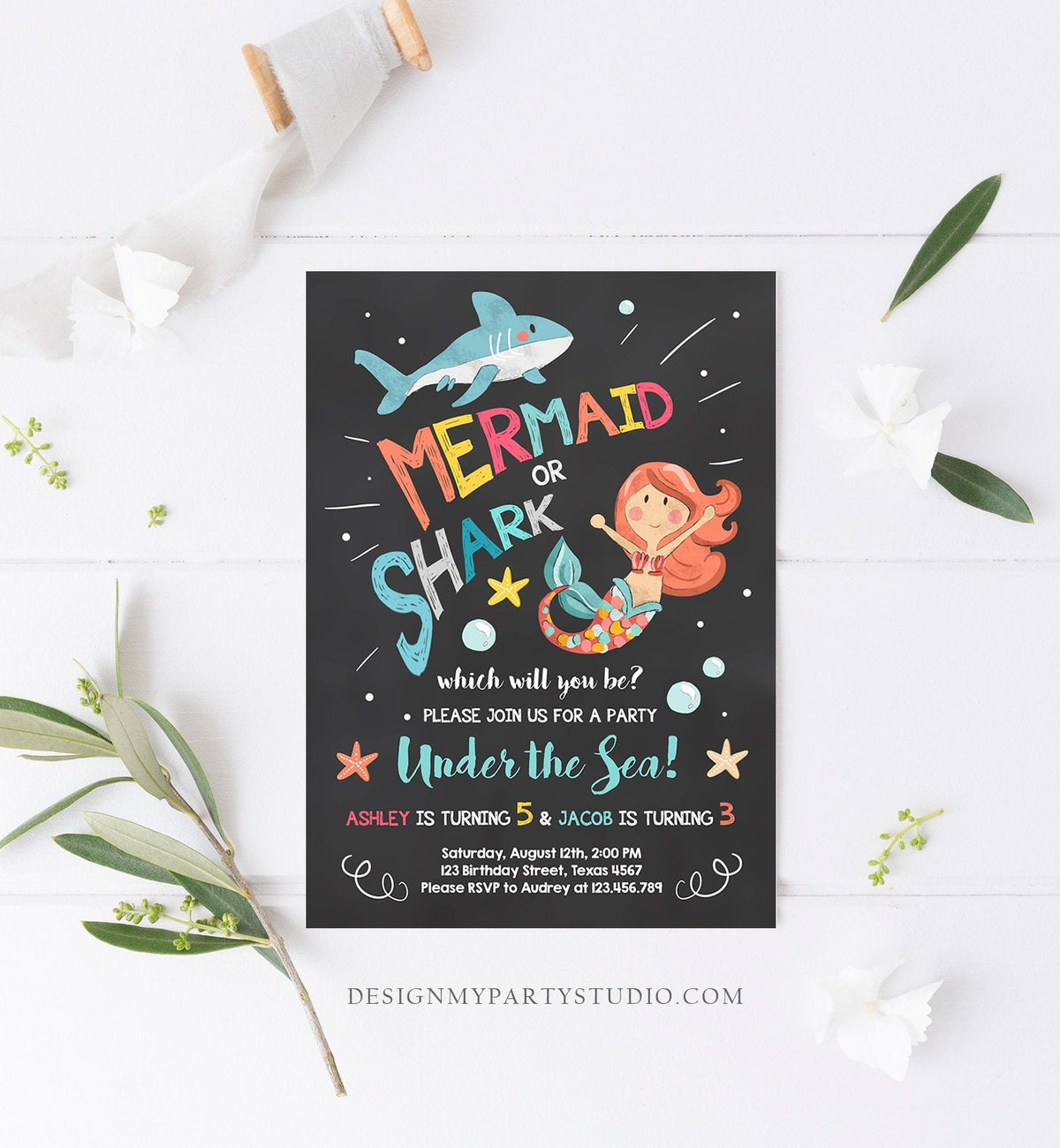 Editable Mermaid or Shark Birthday Invitation Under The Sea Party Coed Pool Party Brother Sister Download Corjl Template Printable 0197
