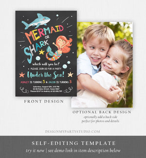 Editable Mermaid or Shark Birthday Invitation Under The Sea Party Coed Pool Party Brother Sister Download Corjl Template Printable 0197
