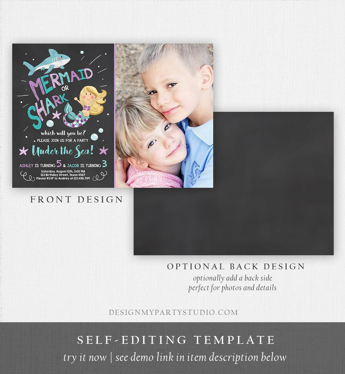 Editable Mermaid or Shark Birthday Invitation Under The Sea Party Coed Pool Party Brother Sister Photo Ocean Corjl Template Printable 0197