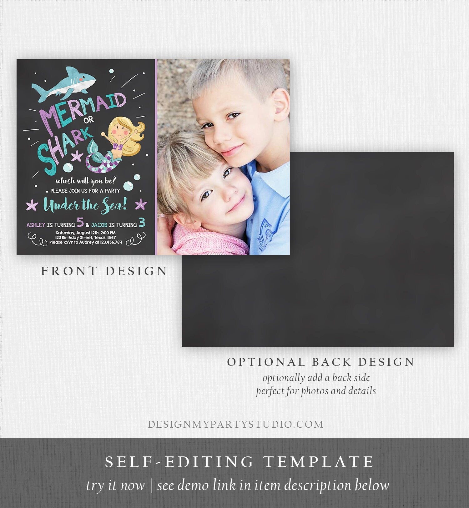 Editable Mermaid or Shark Birthday Invitation Under The Sea Party Coed Pool Party Brother Sister Photo Ocean Corjl Template Printable 0197