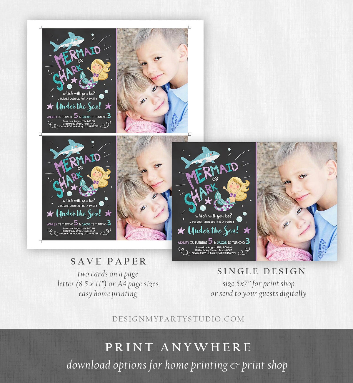 Editable Mermaid or Shark Birthday Invitation Under The Sea Party Coed Pool Party Brother Sister Photo Ocean Corjl Template Printable 0197