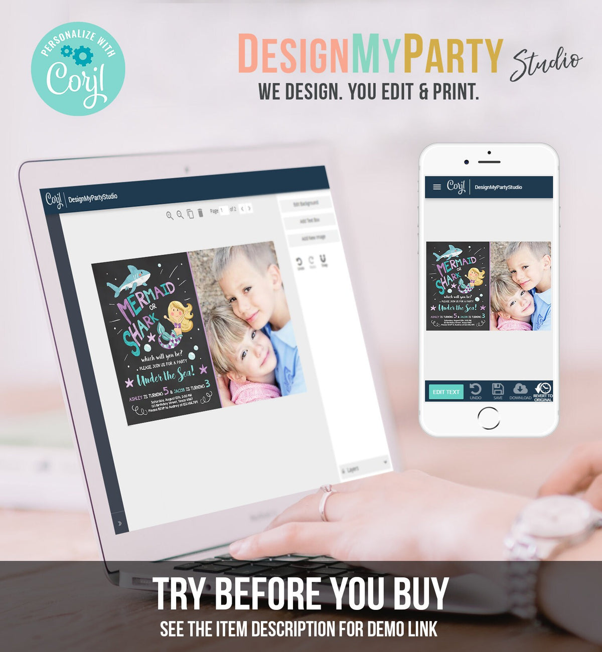 Editable Mermaid or Shark Birthday Invitation Under The Sea Party Coed Pool Party Brother Sister Photo Ocean Corjl Template Printable 0197