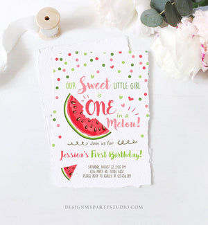 Editable Watermelon Birthday Invitation Girl Pink Red One in a Melon Party Summer Fruit First Birthday 1st Corjl Template Printable 0120