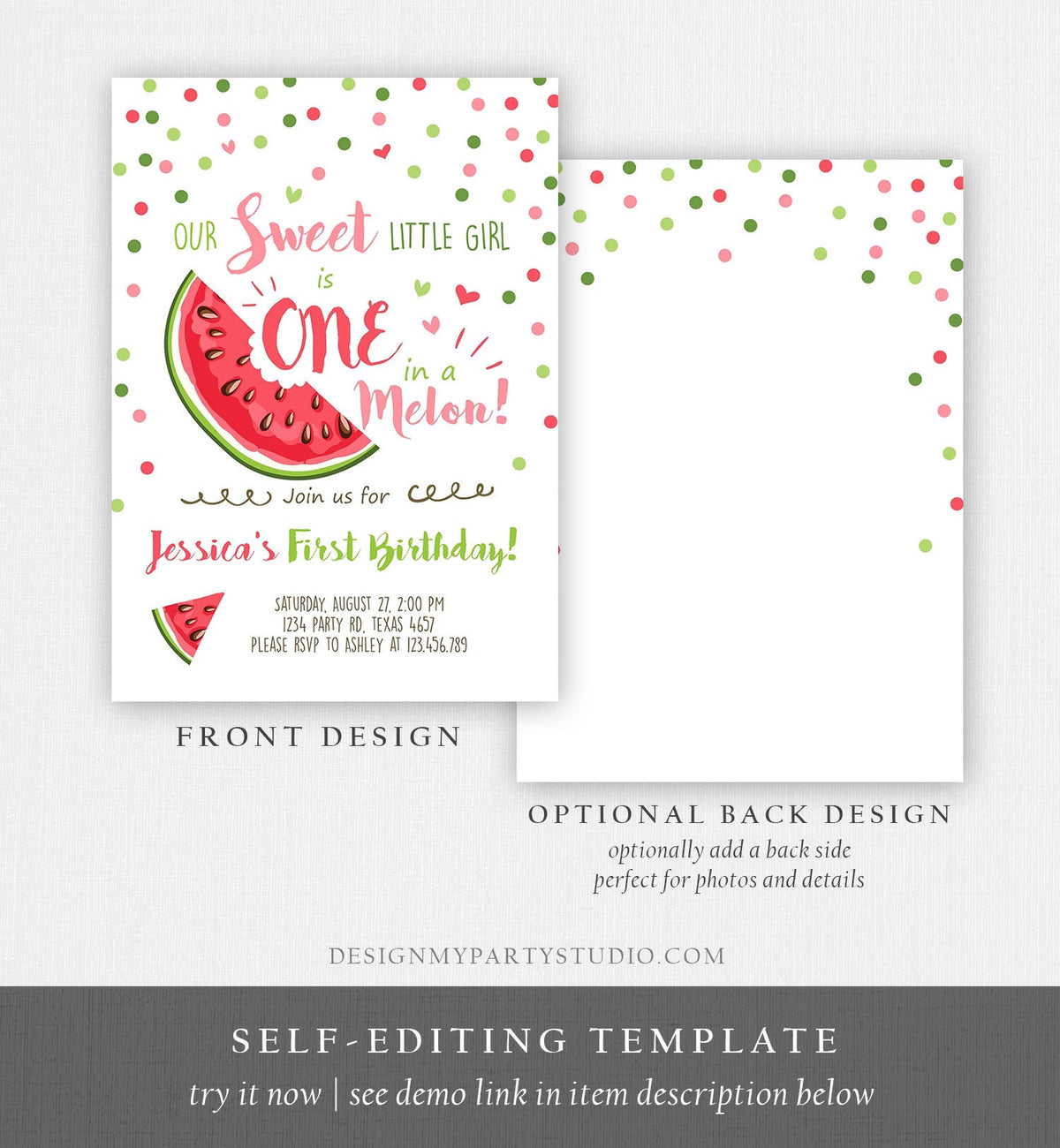 Editable Watermelon Birthday Invitation Girl Pink Red One in a Melon Party Summer Fruit First Birthday 1st Corjl Template Printable 0120