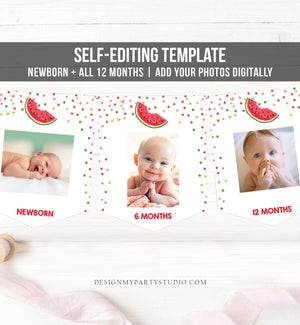 Editable Watermelon Monthly Photo Banner Birthday Girl Pink Red One in a Melon Party Fruit First Birthday 1st Corjl Template Printable 0120