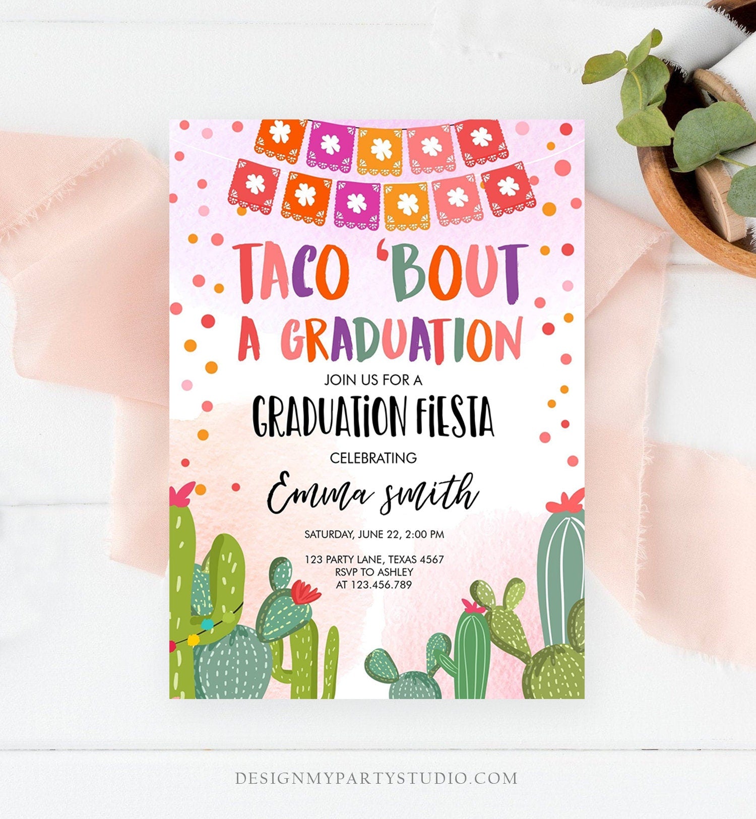 Editable Taco Bout a Graduation Party Invitation Fiesta Graduation Party Cactus Girl Mexican Digital Download Evite Template Printable 0135