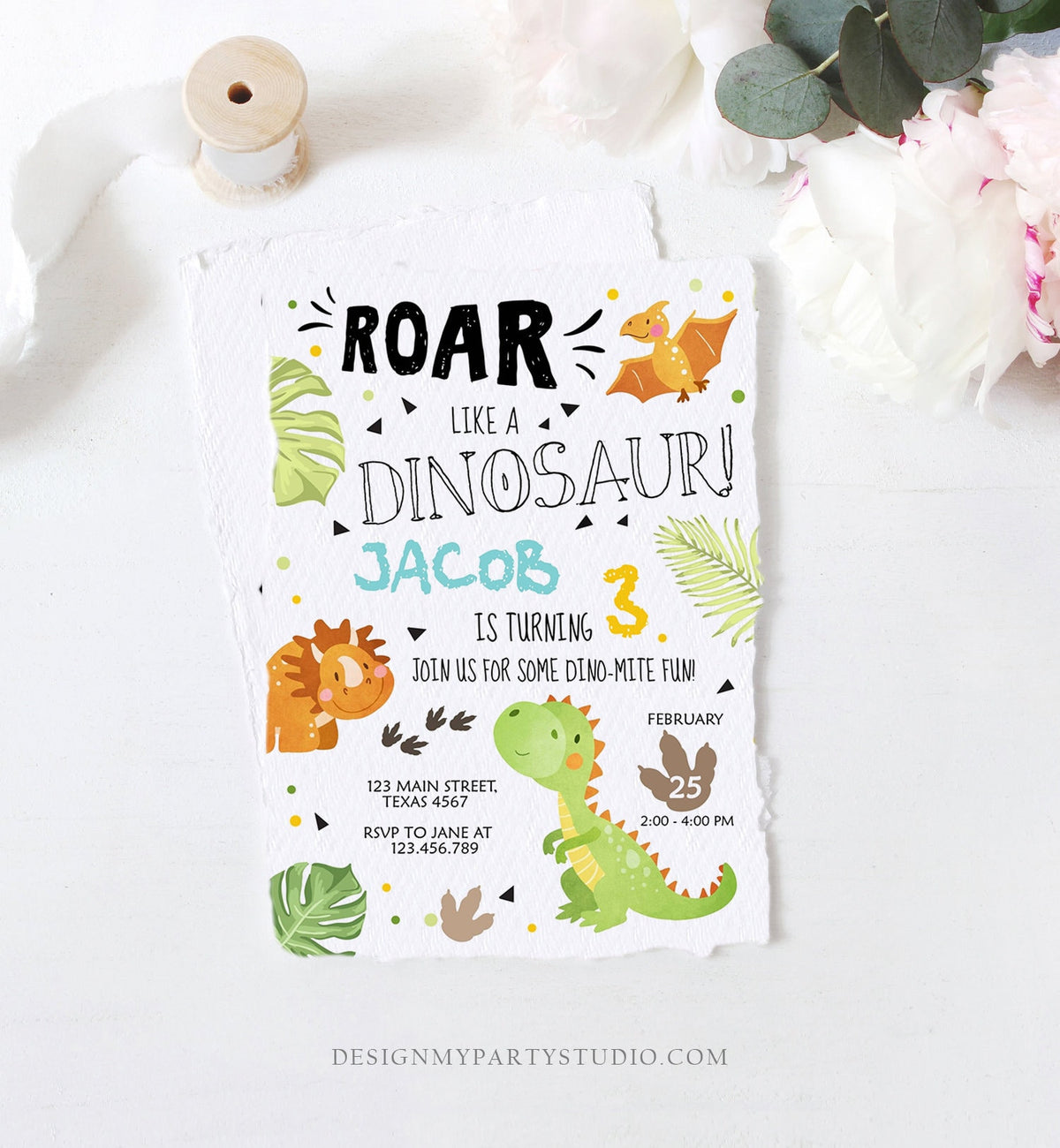 Editable Dinosaur Birthday Invitation Dino Dig Party Prehistoric Boy T-Rex Roar Fossil Party Digital Download Printable Template Corjl 0283