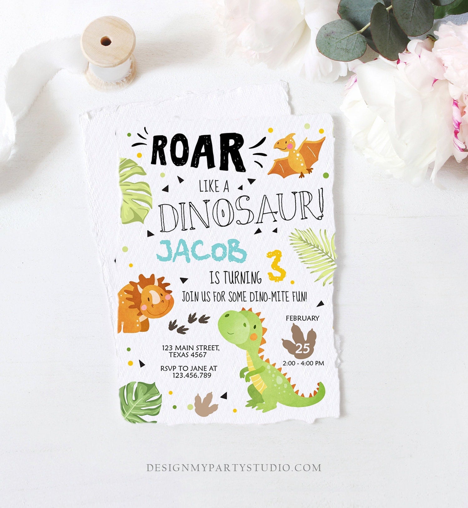 Editable Dinosaur Birthday Invitation Dino Dig Party Prehistoric Boy T-Rex Roar Fossil Party Digital Download Printable Template Corjl 0283