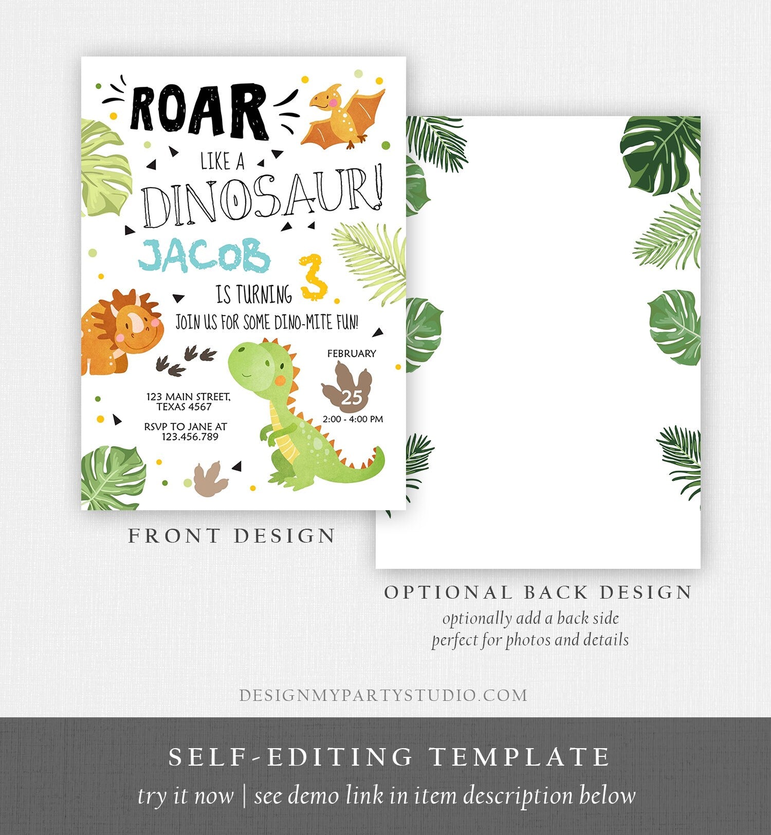 Editable Dinosaur Birthday Invitation Dino Dig Party Prehistoric Boy T-Rex Roar Fossil Party Digital Download Printable Template Corjl 0283