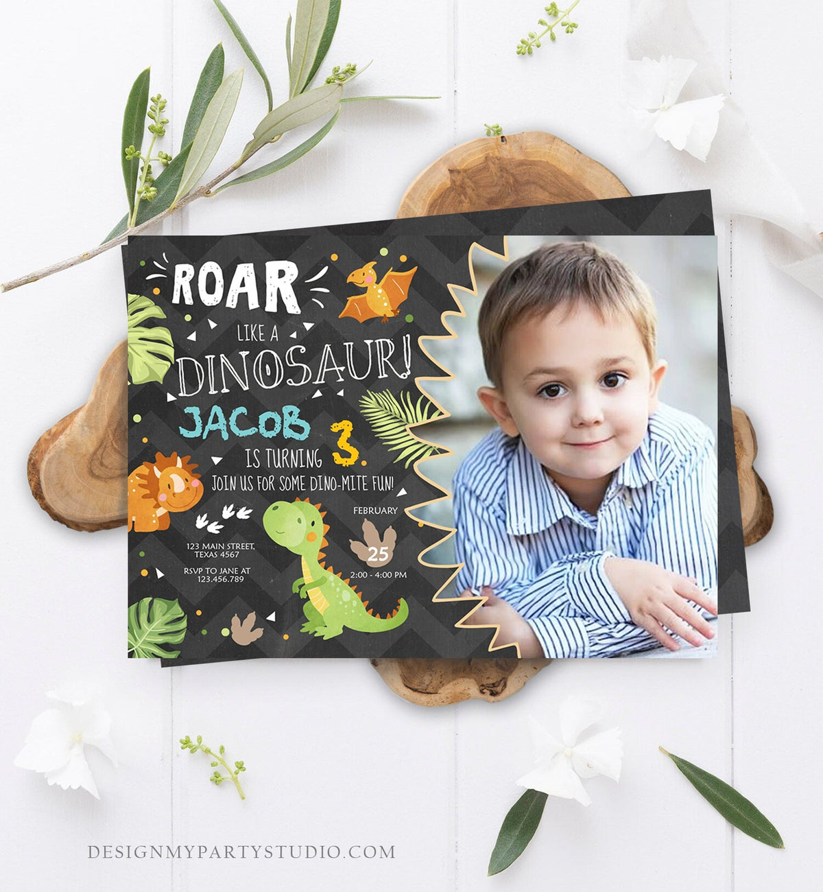 Editable Dinosaur Birthday Invitation Dino Dig Party Prehistoric Boy T-Rex Roar Fossil Party Digital Download Printable Template Corjl 0283