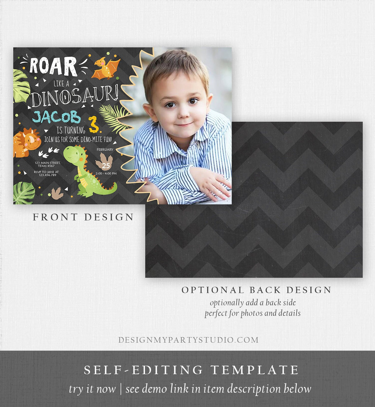 Editable Dinosaur Birthday Invitation Dino Dig Party Prehistoric Boy T-Rex Roar Fossil Party Digital Download Printable Template Corjl 0283