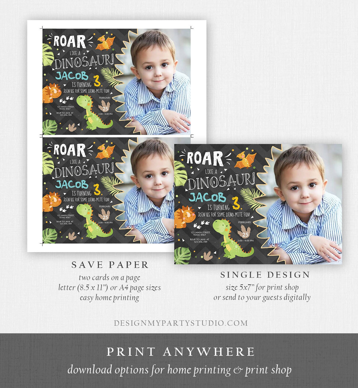 Editable Dinosaur Birthday Invitation Dino Dig Party Prehistoric Boy T-Rex Roar Fossil Party Digital Download Printable Template Corjl 0283