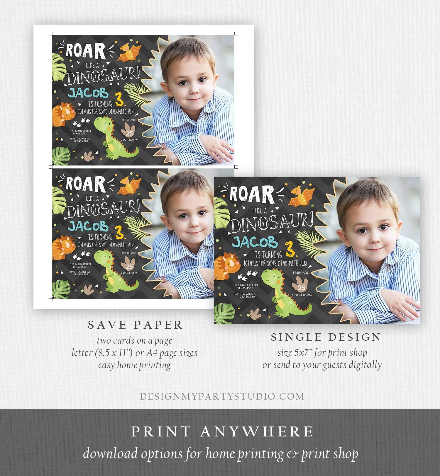 Editable Dinosaur Birthday Invitation Dino Dig Party Prehistoric Boy T-Rex Roar Fossil Party Digital Download Printable Template Corjl 0283