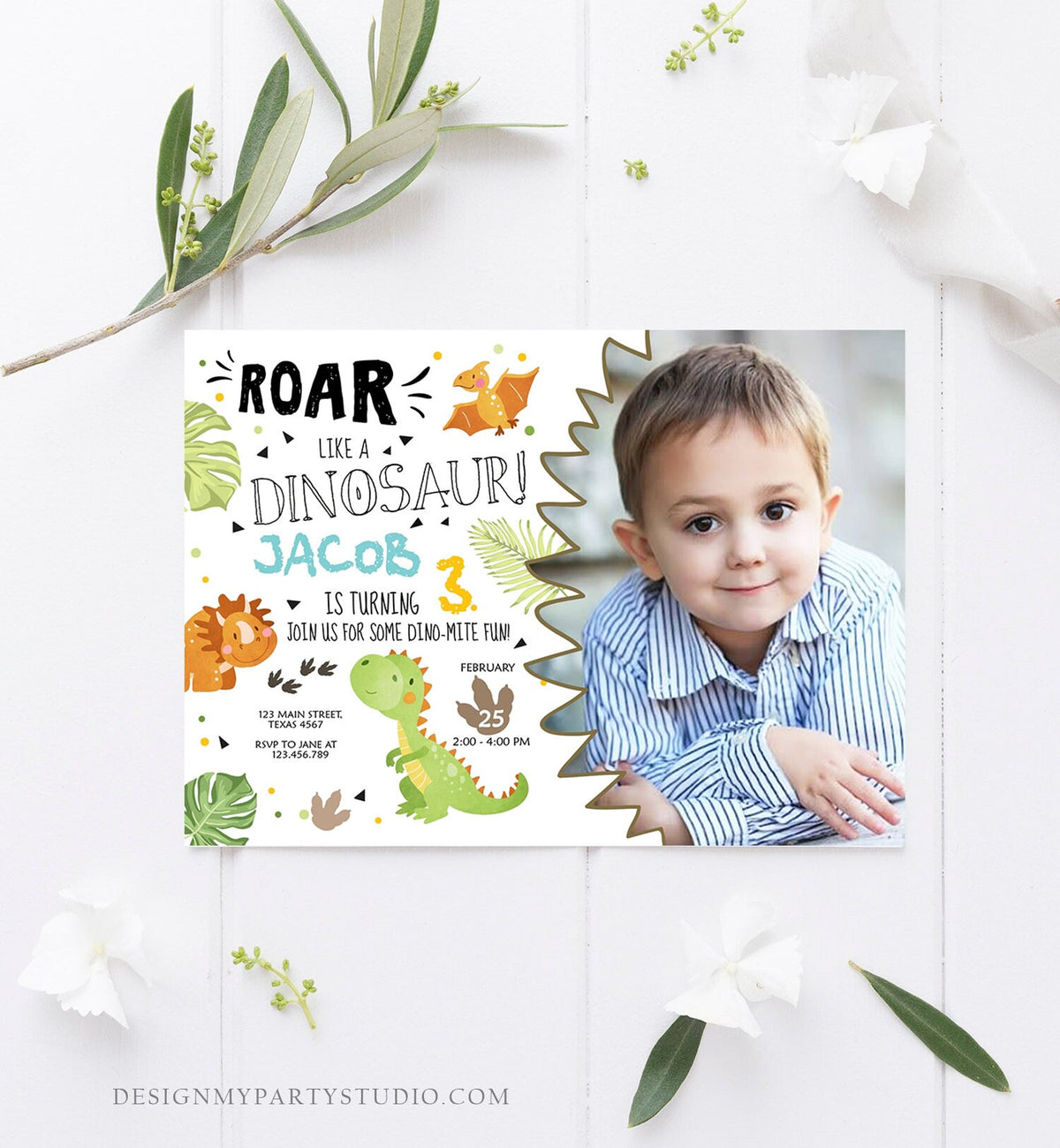Editable Dinosaur Birthday Invitation Dino Dig Party Prehistoric Boy T-Rex Roar Fossil Party Digital Download Printable Template Corjl 0283
