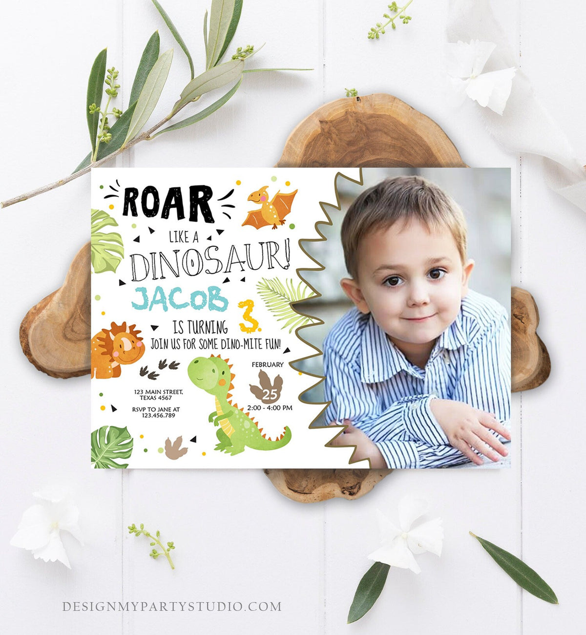 Editable Dinosaur Birthday Invitation Dino Dig Party Prehistoric Boy T-Rex Roar Fossil Party Digital Download Printable Template Corjl 0283