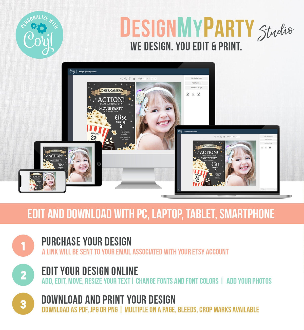 Editable Movie Night Birthday Invitation Boy Girl Movie Invite Cinema Party Backyard Movie Popcorn Download Printable Template Corjl 0182