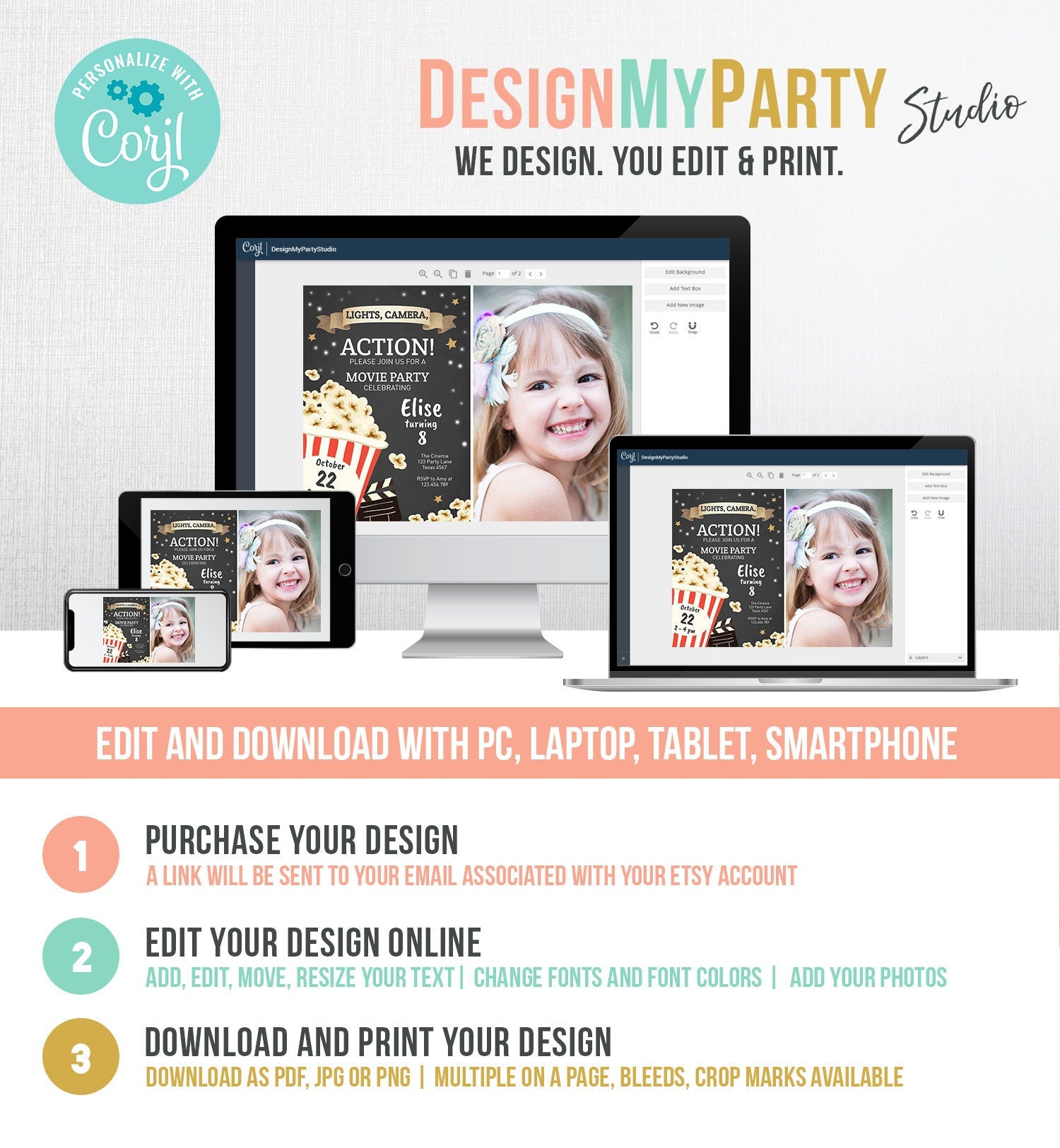 Editable Movie Night Birthday Invitation Boy Girl Movie Invite Cinema Party Backyard Movie Popcorn Download Printable Template Corjl 0182