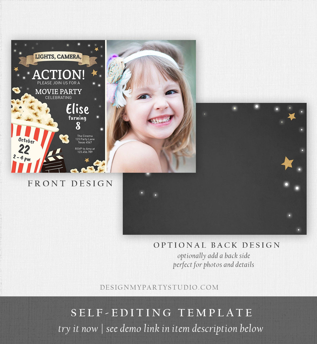 Editable Movie Night Birthday Invitation Boy Girl Movie Invite Cinema Party Backyard Movie Popcorn Download Printable Template Corjl 0182