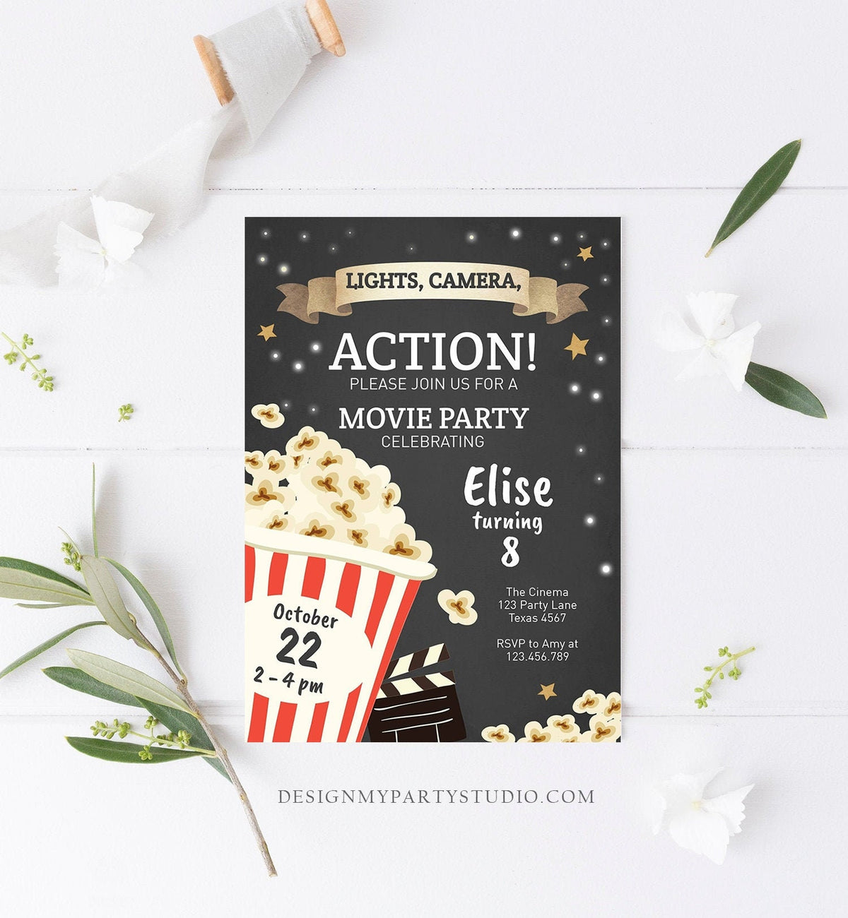 Editable Movie Night Birthday Invitation Boy Girl Movie Invite Cinema Party Backyard Movie Popcorn Digital Download Template Printable 0182