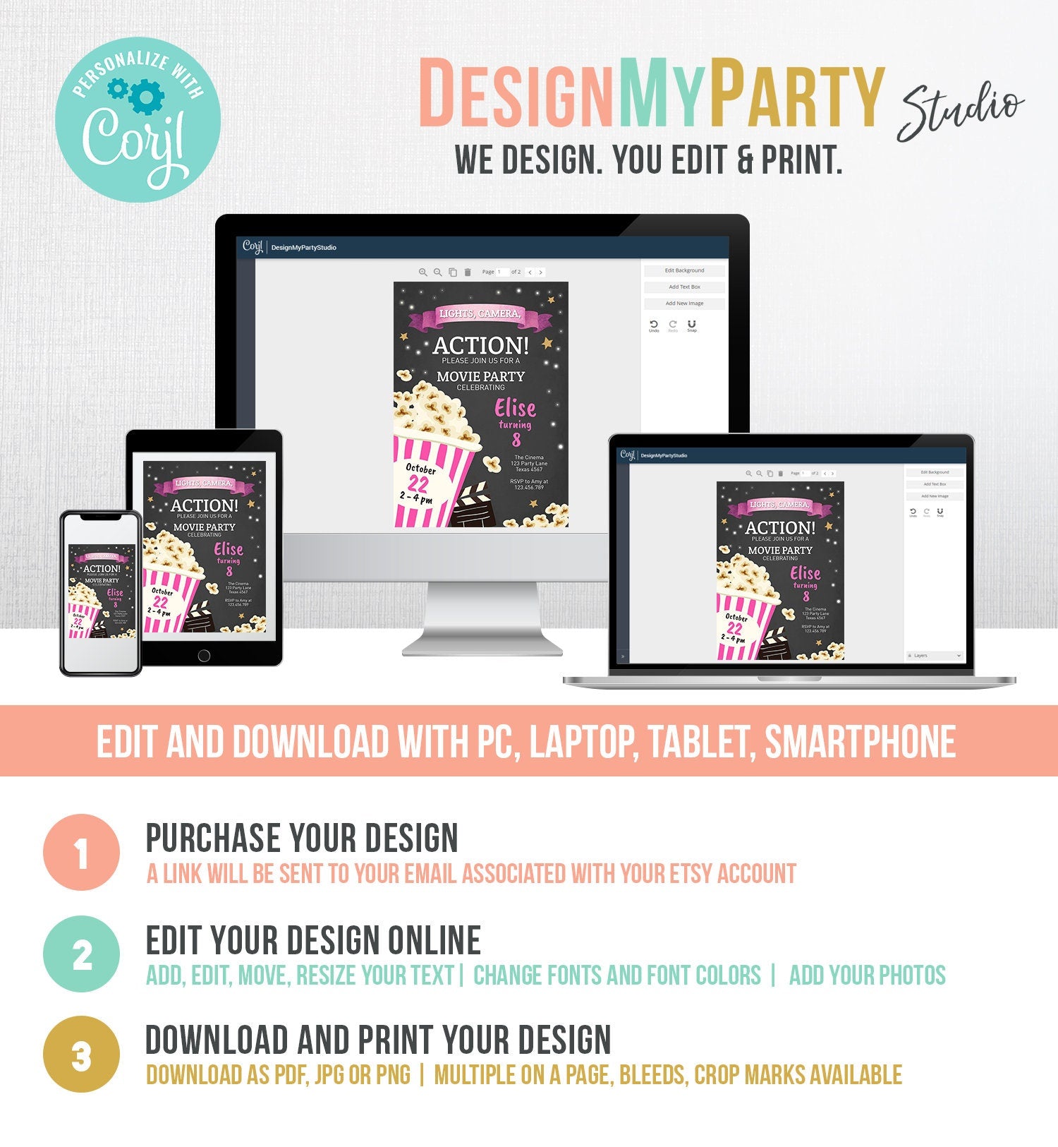 Editable Movie Night Birthday Invitation Pink Girl Movie Invite Cinema Party Backyard Movie Popcorn Download Printable Template Corjl 0182