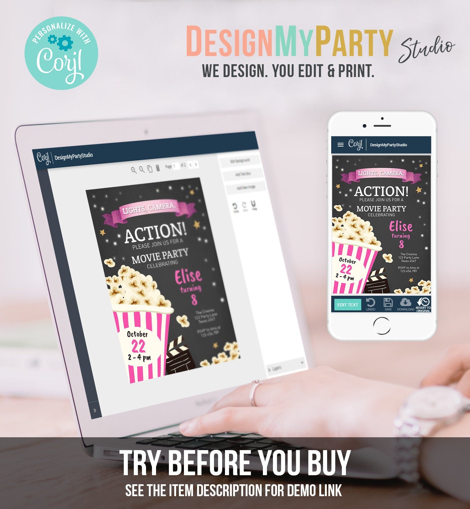 Editable Movie Night Birthday Invitation Pink Girl Movie Invite Cinema Party Backyard Movie Popcorn Download Printable Template Corjl 0182