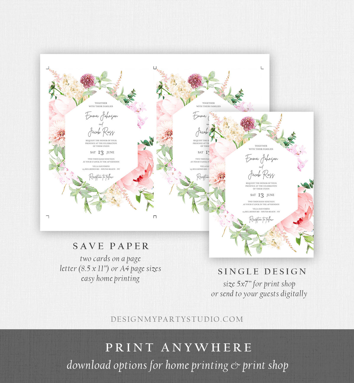 Editable Botanical Flowers Wedding Invitation Suite Set Watercolor Peony Pink Floral RSVP Details Boho Digital Corjl Template Printable 0167